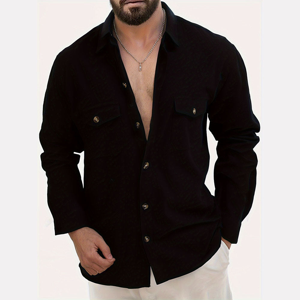 Chemise boutonnée décontractée en coton et lin avec poches poitrine pour homme