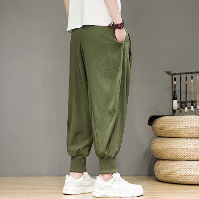 Pantalon de survêtement fuselé respirant en lin et coton avec chevilles élastiques