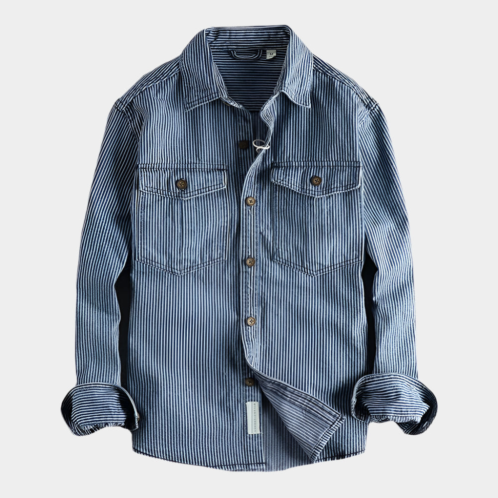Chemise en jean à rayures vintage pour homme avec boutons et multipoches