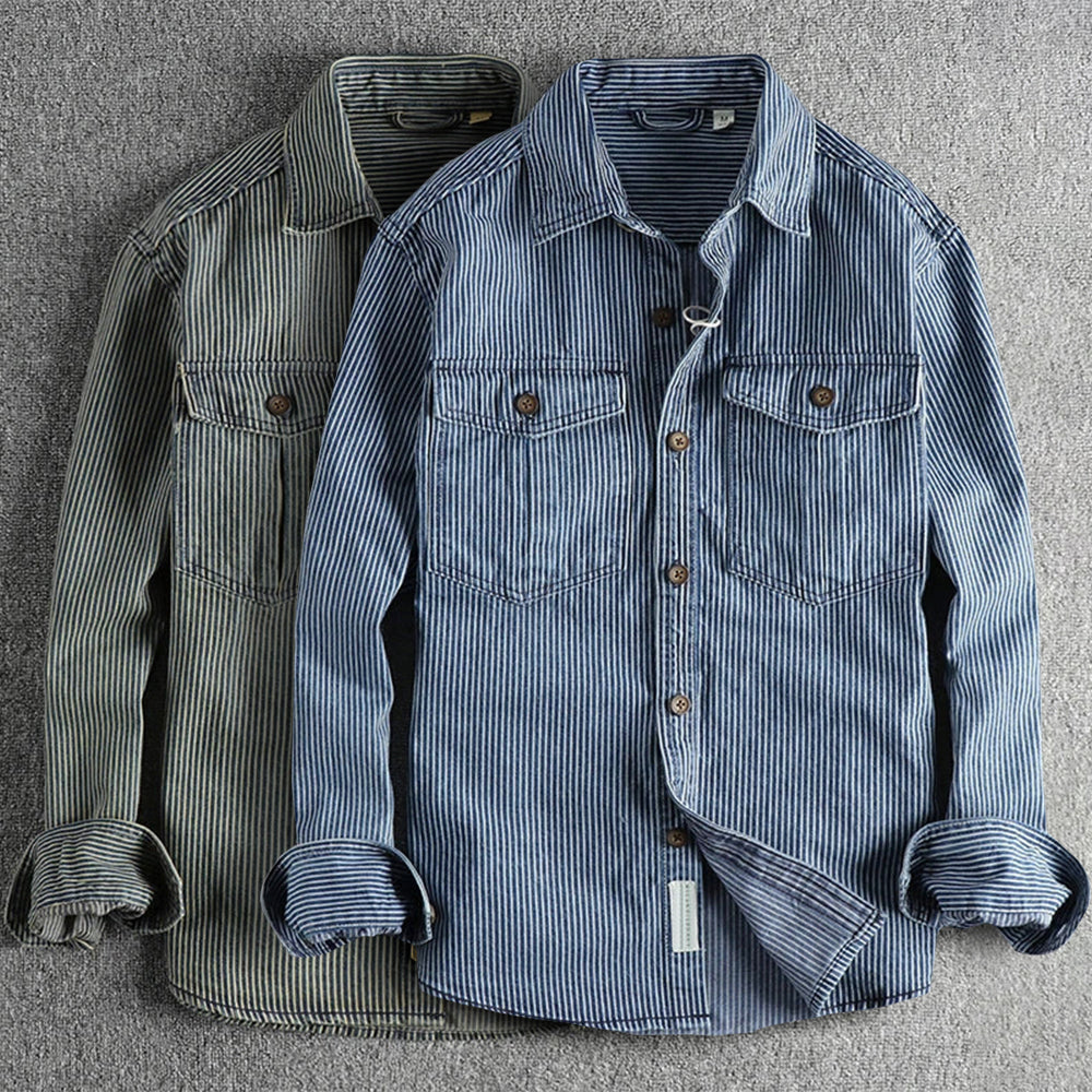 Chemise en jean à rayures vintage pour homme avec boutons et multipoches