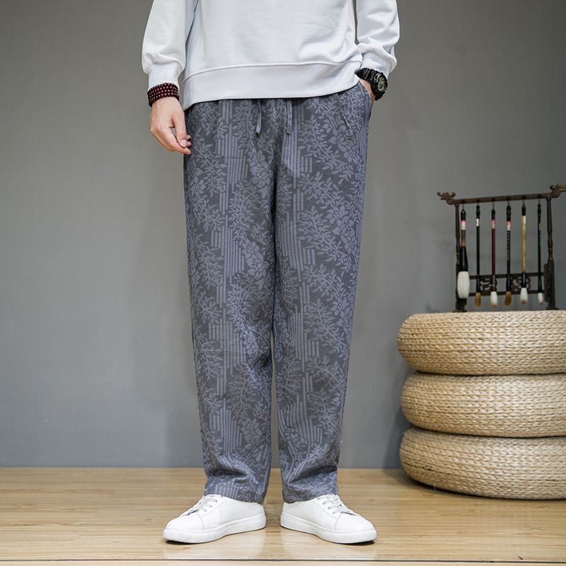 Pantalon de survêtement droit à fleurs en mélange lin-coton – Style urbain pour homme