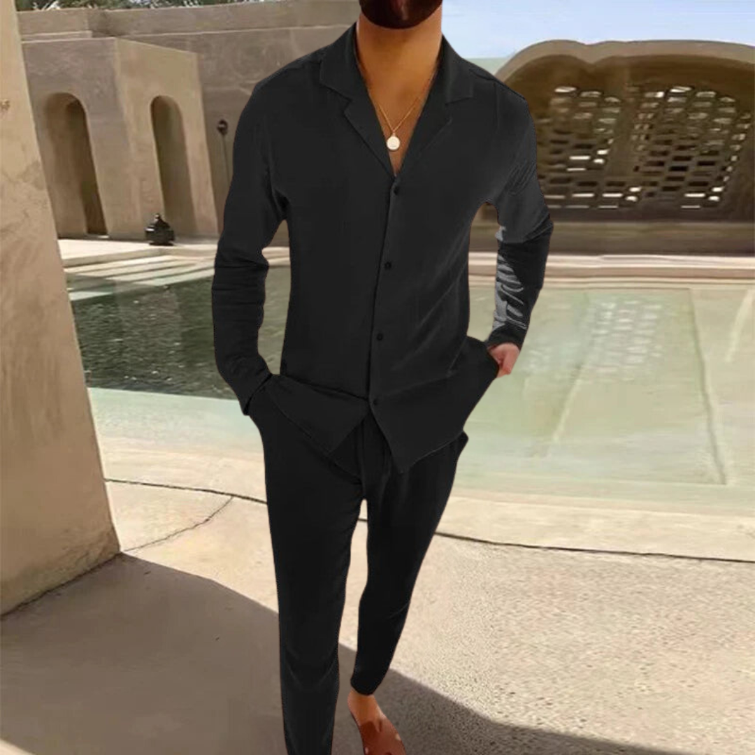Ensemble Homme Décontracté, Chemise Col Cubain et Pantalon Léger, Style Estival Chic