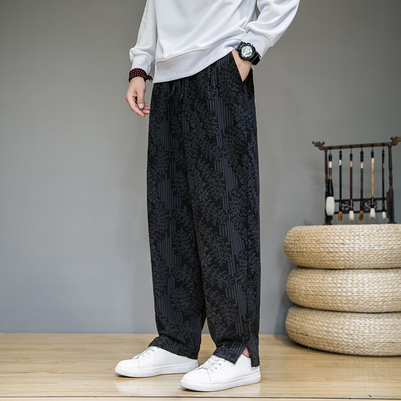 Pantalon de survêtement droit à fleurs en mélange lin-coton – Style urbain pour homme