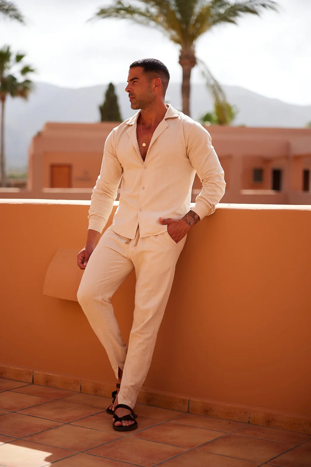 Ensemble Homme Décontracté, Chemise Col Cubain et Pantalon Léger, Style Estival Chic