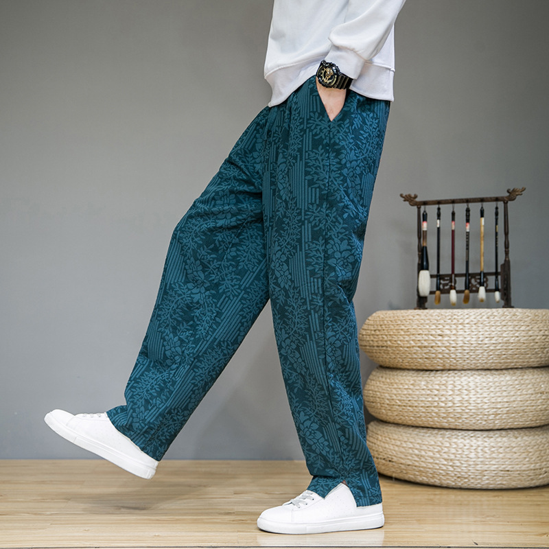 Pantalon de survêtement droit à fleurs en mélange lin-coton – Style urbain pour homme