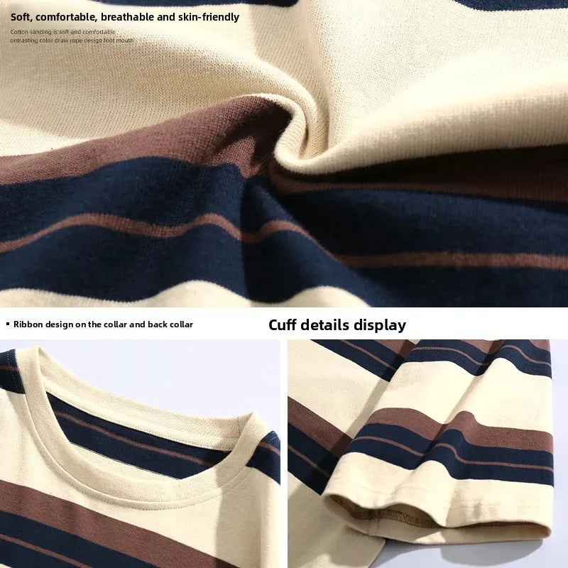 Chemise à col rond à manches courtes rayée, style décontracté et ample