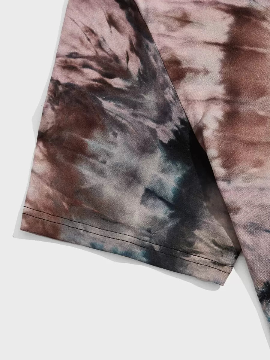 Chemise à col rond tie-dye manches courtes style vintage décontracté