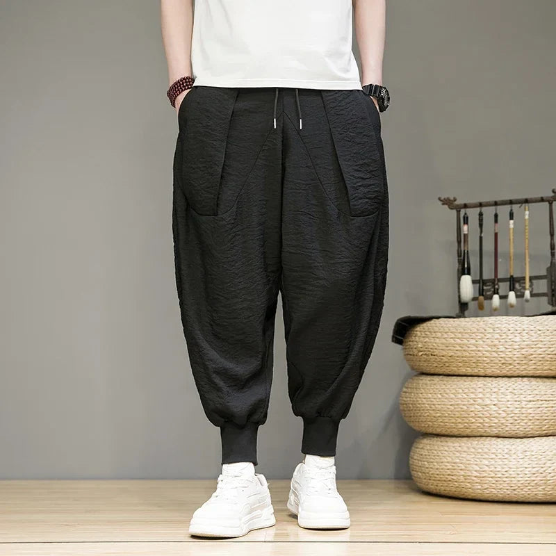 Pantalon de survêtement fuselé respirant en lin et coton avec chevilles élastiques