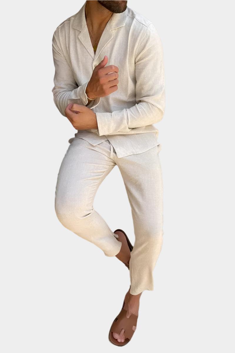 Ensemble Homme Décontracté, Chemise Col Cubain et Pantalon Léger, Style Estival Chic