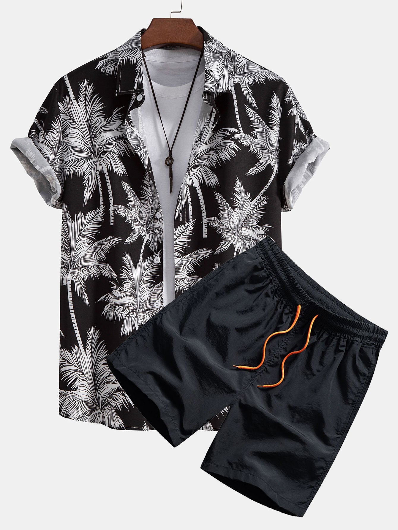 Ensemble chemise boutonnée et short de bain imprimé palmier pour homme