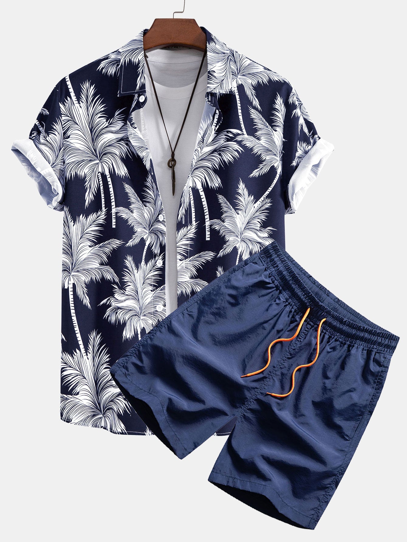 Ensemble chemise boutonnée et short de bain imprimé palmier pour homme