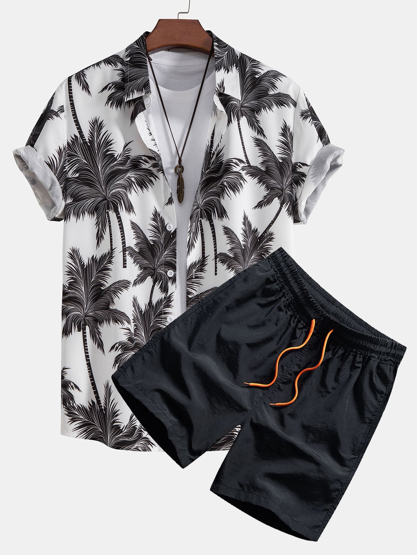 Ensemble chemise boutonnée et short de bain imprimé palmier pour homme