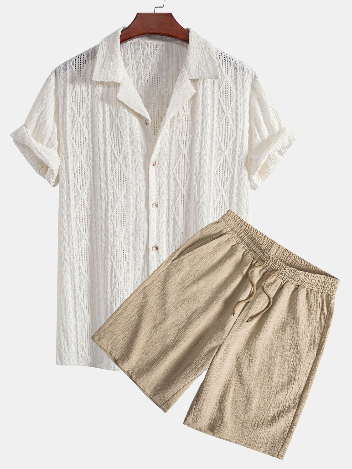 Ensemble chemise cubaine en jacquard géométrique et short froissé à cordon de serrage