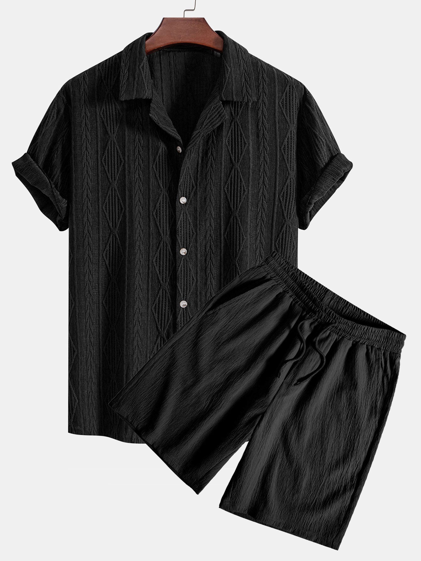 Ensemble chemise cubaine en jacquard géométrique et short froissé à cordon de serrage