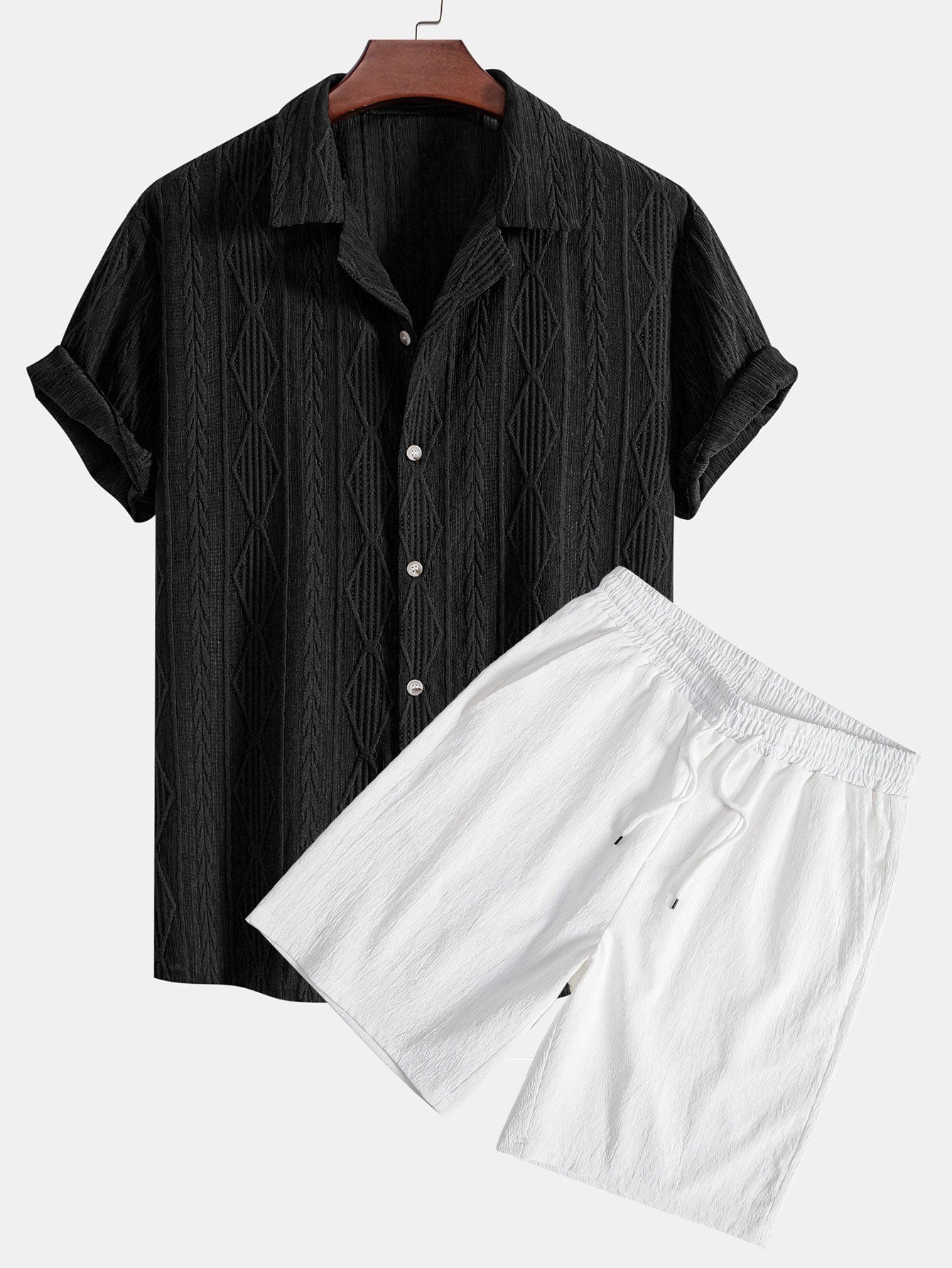 Ensemble chemise cubaine en jacquard géométrique et short froissé à cordon de serrage
