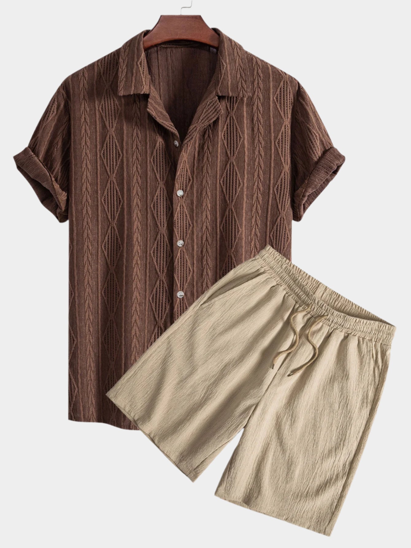 Ensemble chemise cubaine en jacquard géométrique et short froissé à cordon de serrage