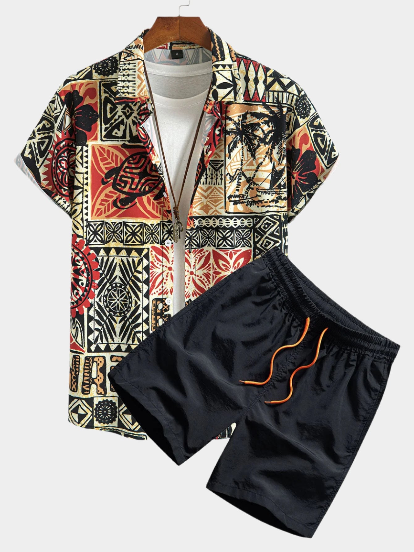 Ensemble chemise et short de bain imprimé tortue palmier – Vêtements de plage pour homme