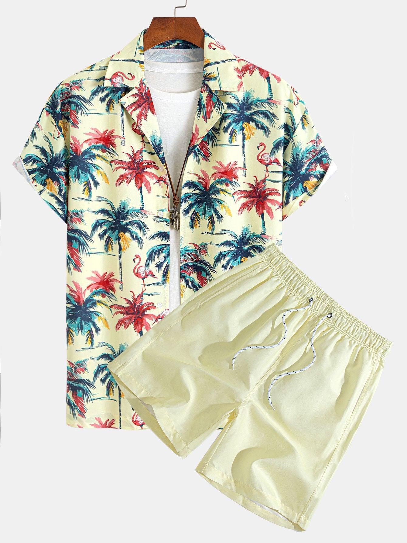 Ensemble chemise et short imprimé flamant rose et palmier – Tenue tropicale pour homme