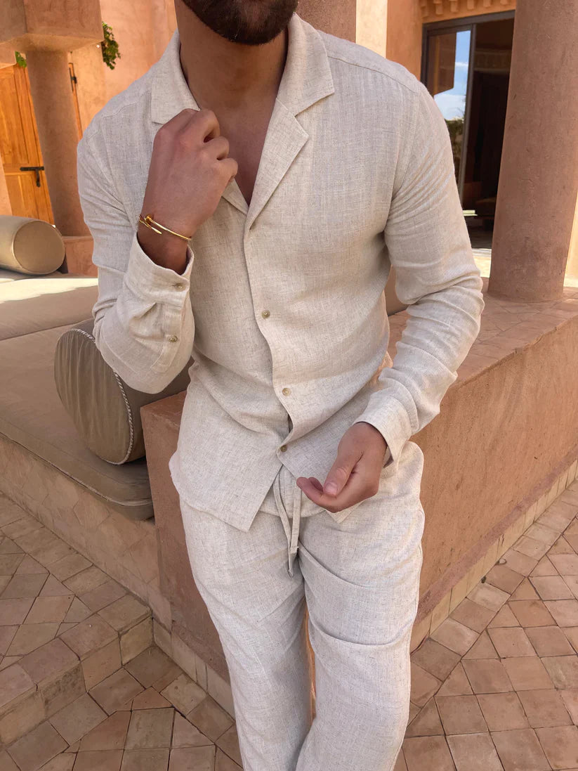 Ensemble Homme Décontracté, Chemise Col Cubain et Pantalon Léger, Style Estival Chic