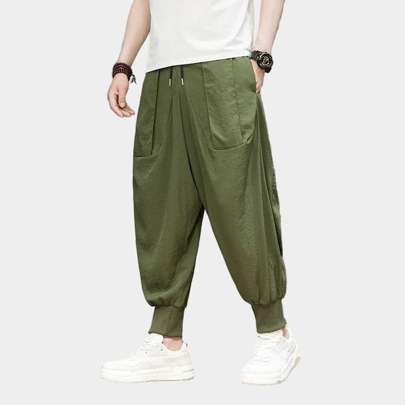 Pantalon de survêtement fuselé respirant en lin et coton avec chevilles élastiques