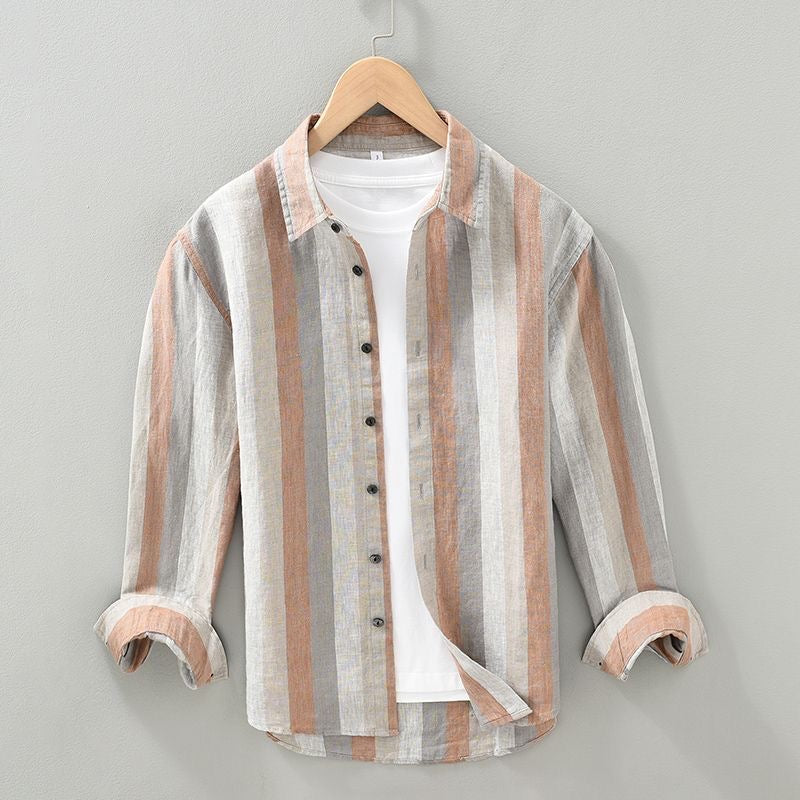 Chemise boutonnée en lin à rayures, coupe décontractée – Style léger pour homme