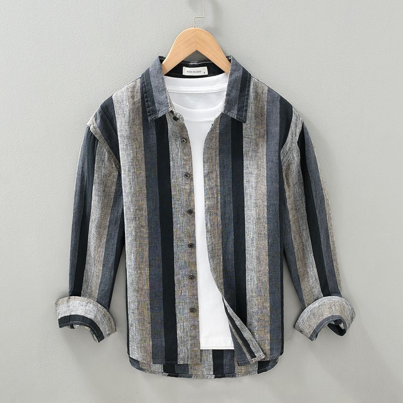 Chemise boutonnée en lin à rayures, coupe décontractée – Style léger pour homme