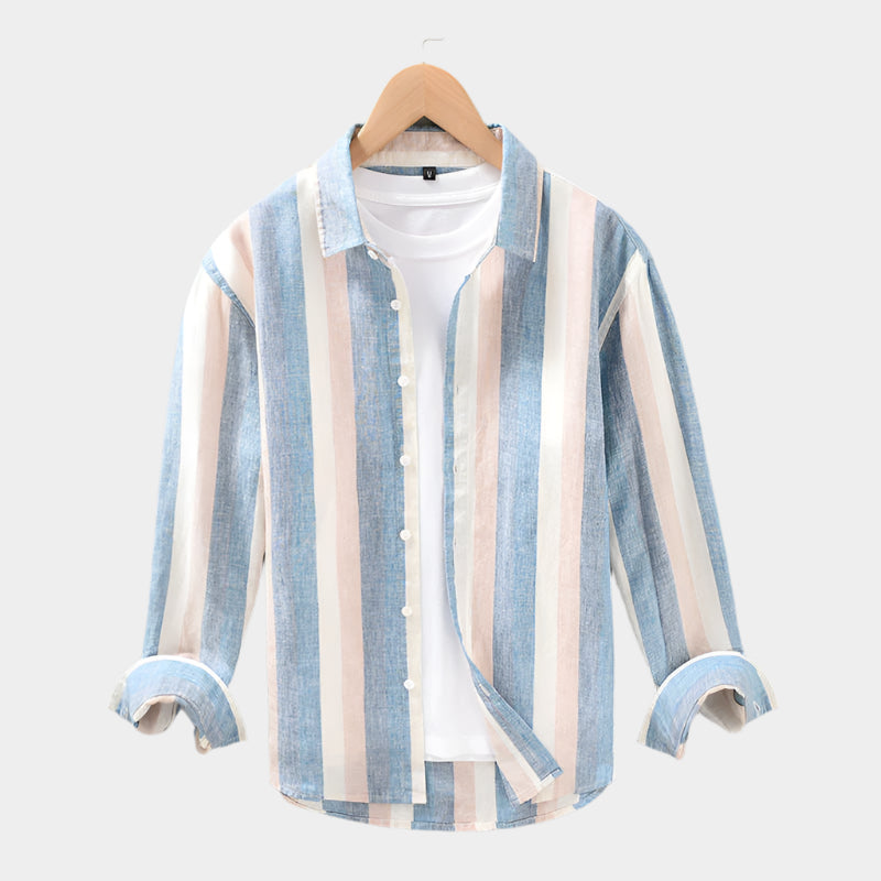 Chemise boutonnée en lin à rayures, coupe décontractée – Style léger pour homme