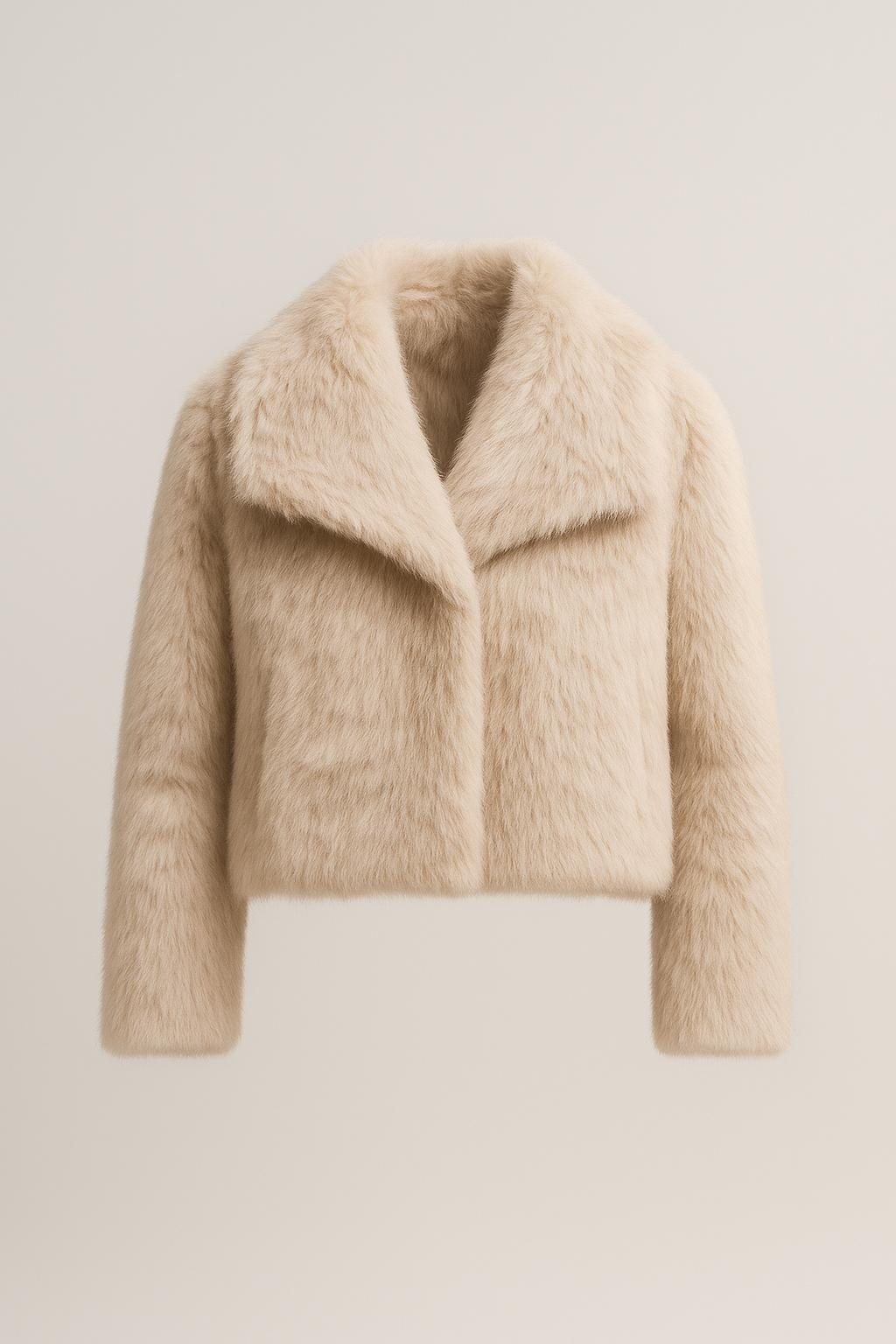 Manteau court en fausse fourrure beige clair pour femme, à col à revers