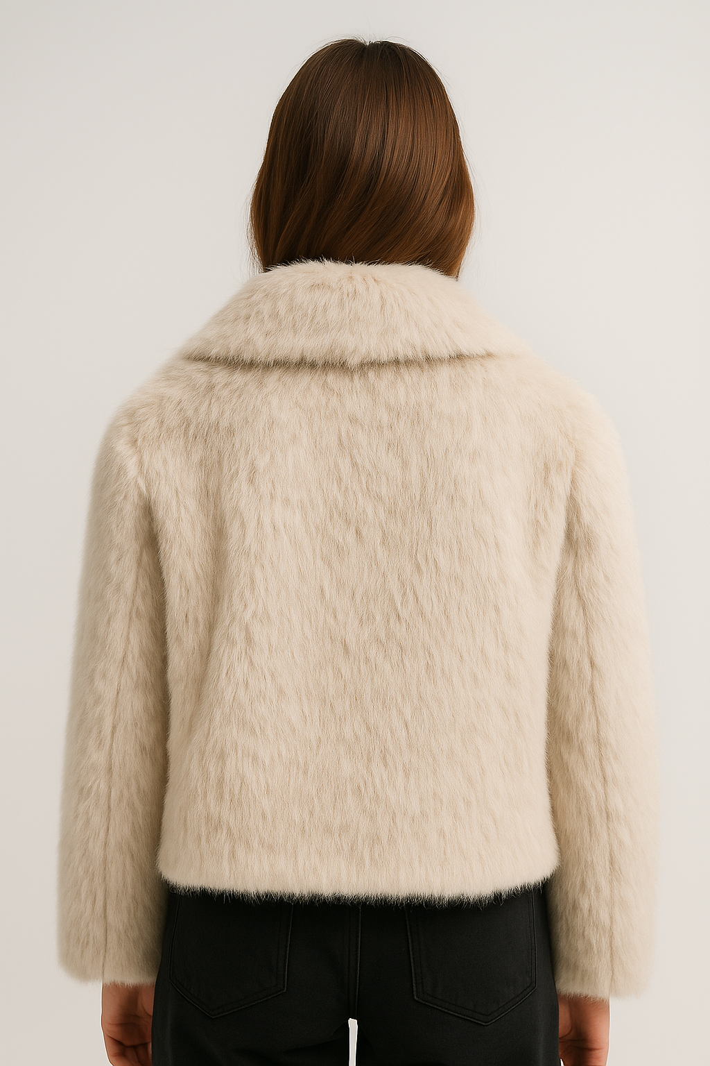 Manteau Femme Hiver Court en Fausse Fourrure Beige Clair avec Col à Revers et Manches Longues - 4