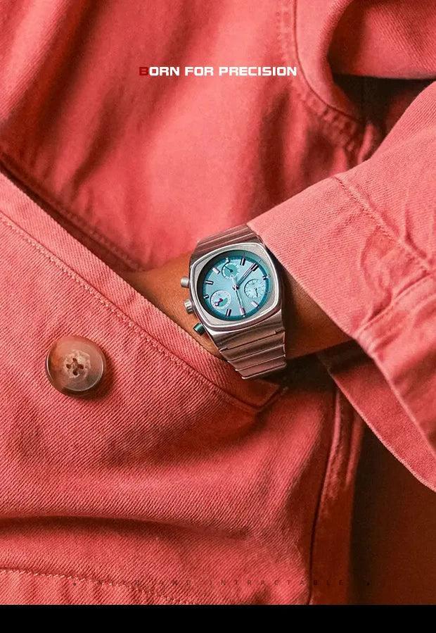 Montre chronographe à boîtier coussin – Bracelet en acier intégré pour homme