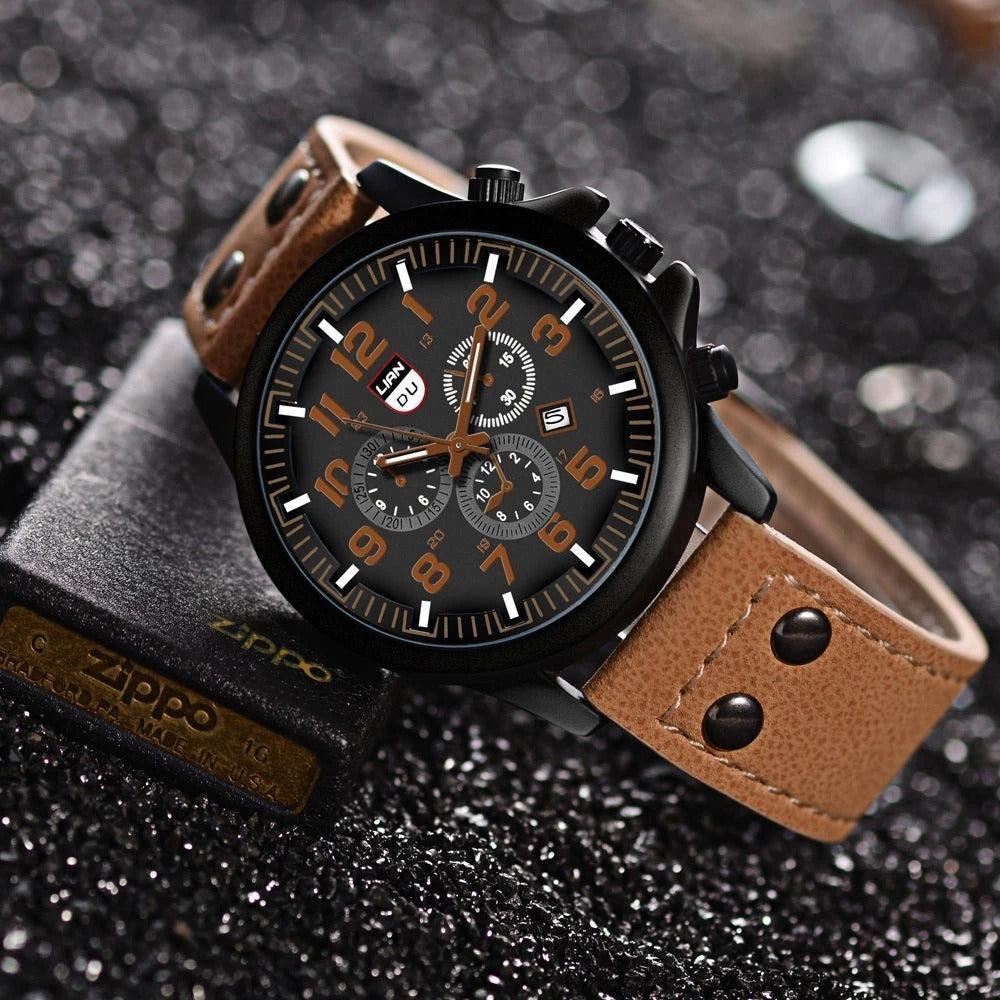 Montre robuste avec bracelet en cuir de vachette et boîtier en alliage surdimensionné