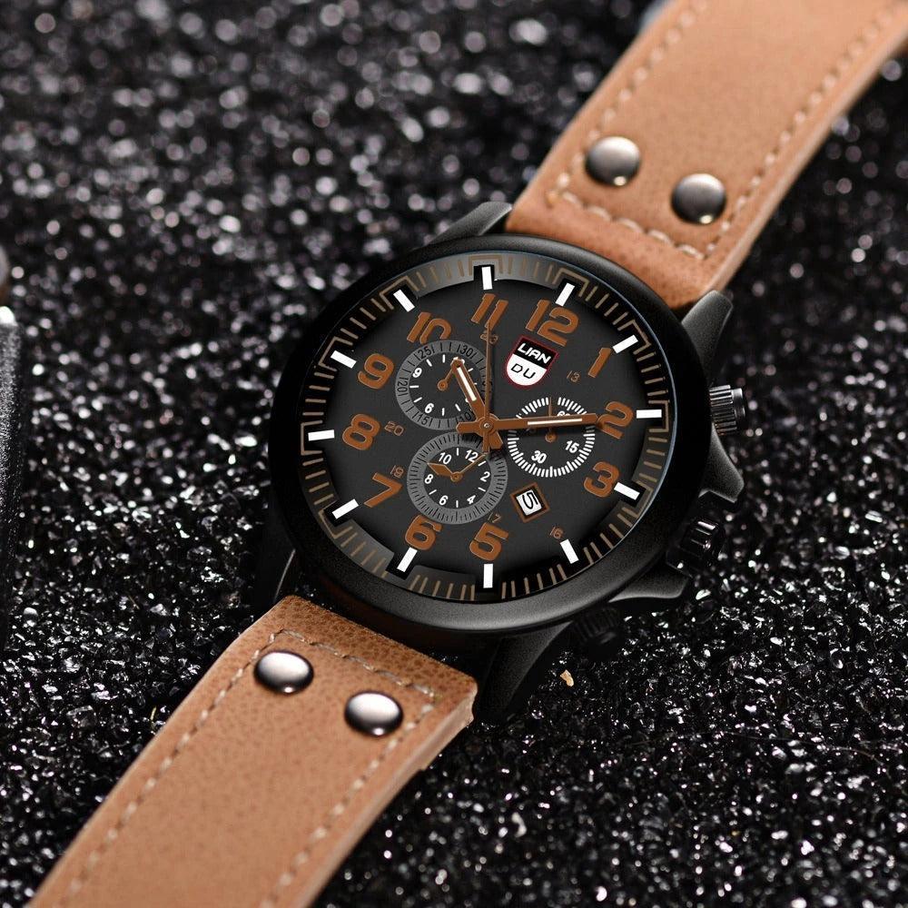 Montre robuste avec bracelet en cuir de vachette et boîtier en alliage surdimensionné