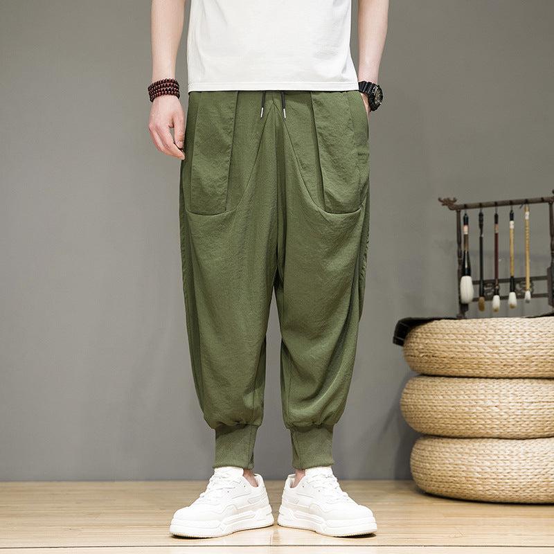 Pantalon de survêtement fuselé respirant en lin et coton avec chevilles élastiques