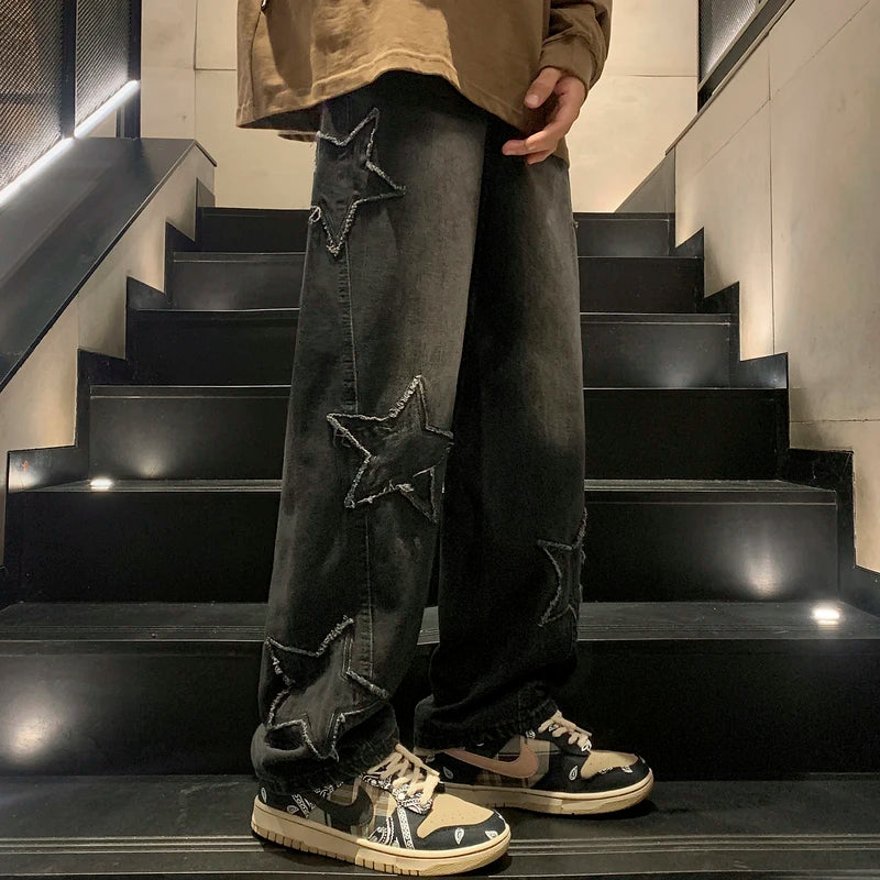 Pantalon ample brodé d'étoiles pour homme – Denim streetwear à jambe large