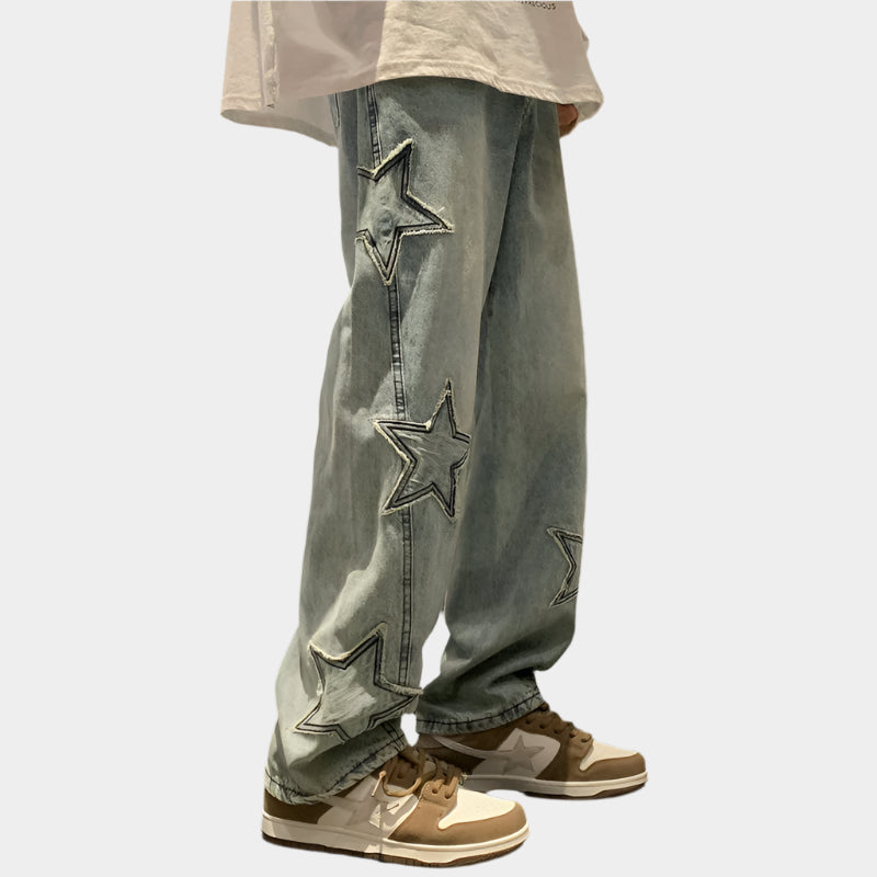 Pantalon ample brodé d'étoiles pour homme – Denim streetwear à jambe large