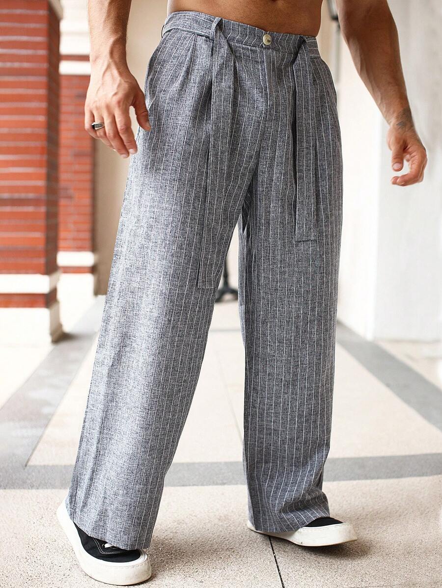Pantalon en lin rayé avec ceinture nouée pour homme – Pantalon droit décontracté