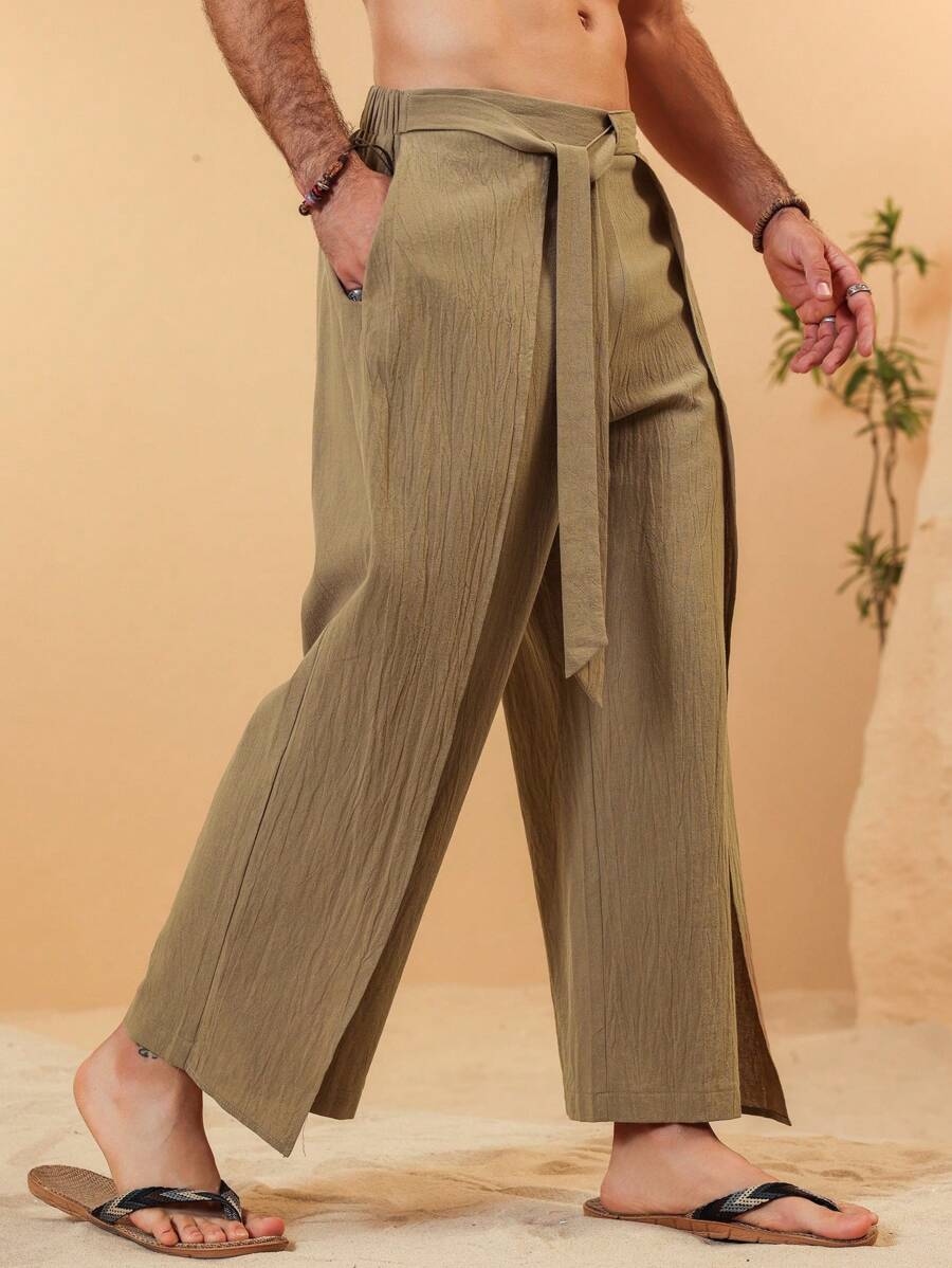 Pantalon large de lin à superpositions avec ceinture pour homme – Coupe ample