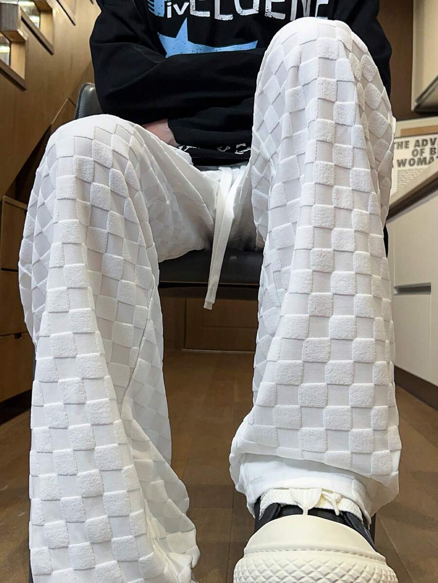 Pantalon long et droit décontracté à carreaux 3D pour homme - Printemps ou été