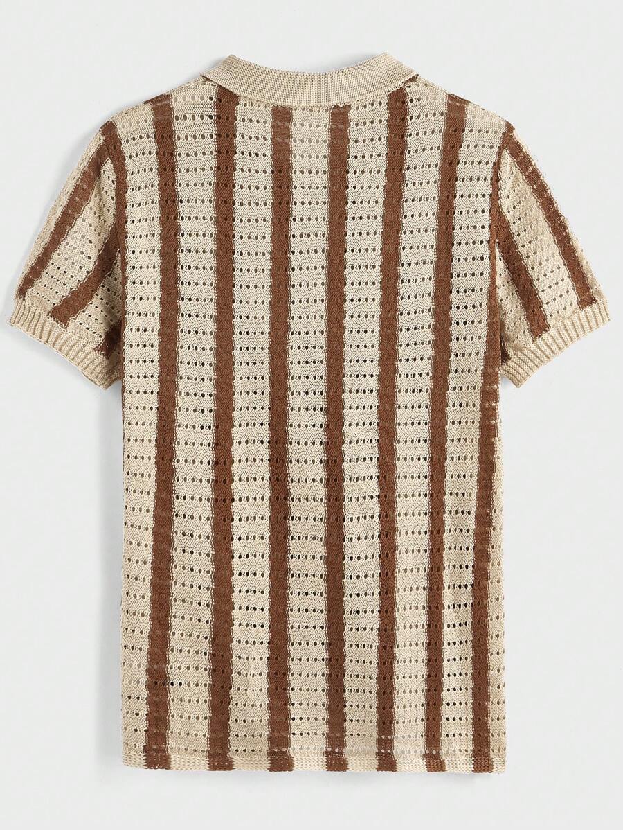 Polo décontracté rayé à manches courtes avec col ajouré pour hommes