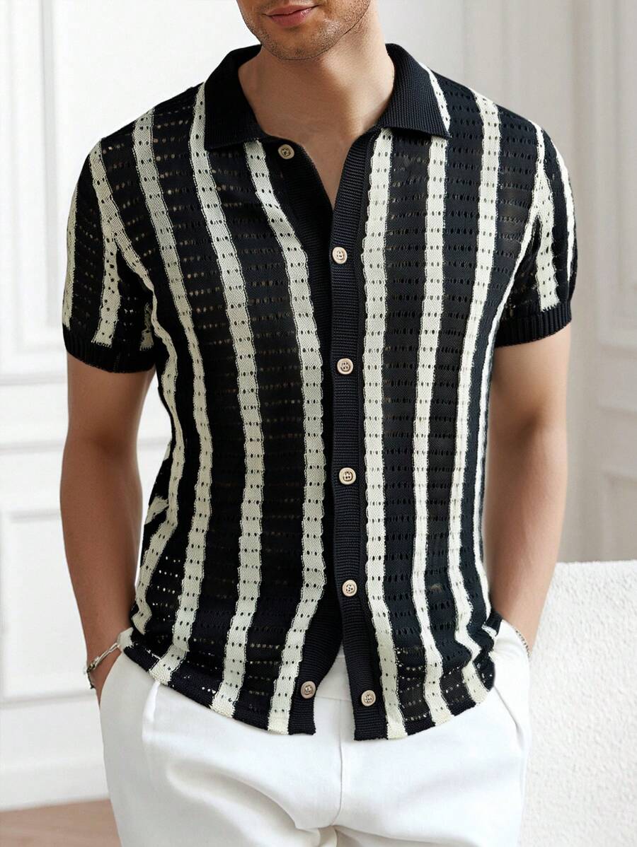 Polo décontracté rayé à manches courtes avec col ajouré pour hommes