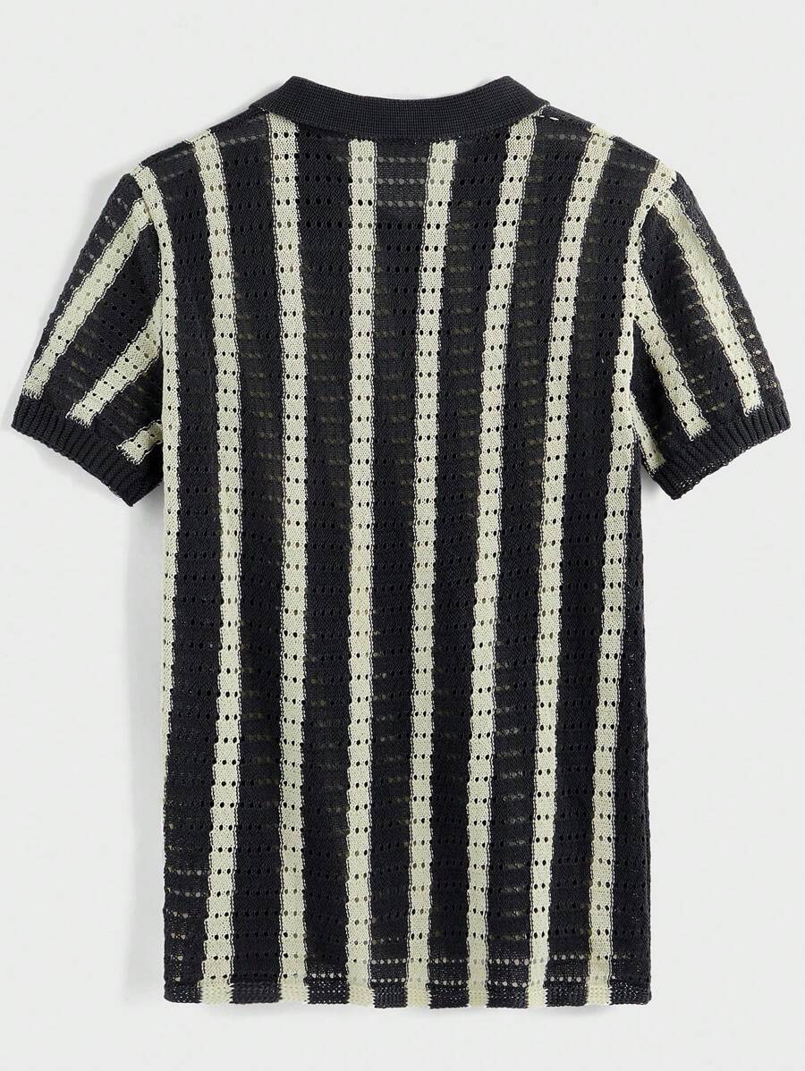 Polo décontracté rayé à manches courtes avec col ajouré pour hommes