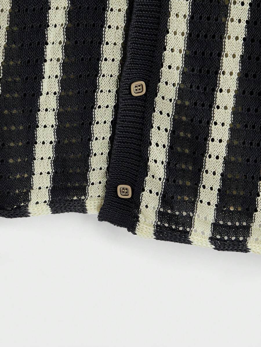 Polo décontracté rayé à manches courtes avec col ajouré pour hommes