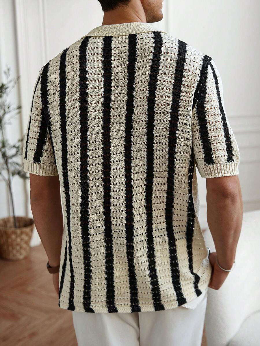 Polo décontracté rayé à manches courtes avec col ajouré pour hommes