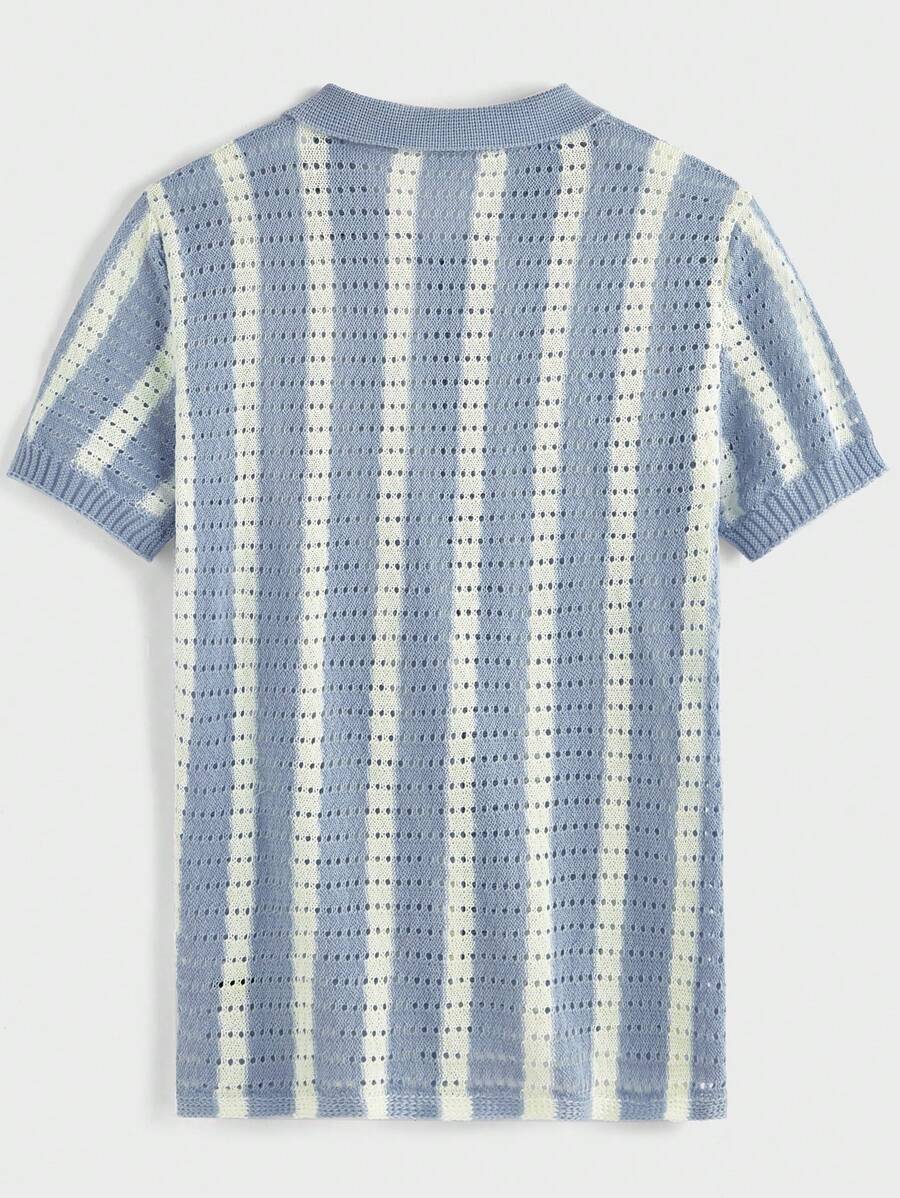 Polo décontracté rayé à manches courtes avec col ajouré pour hommes