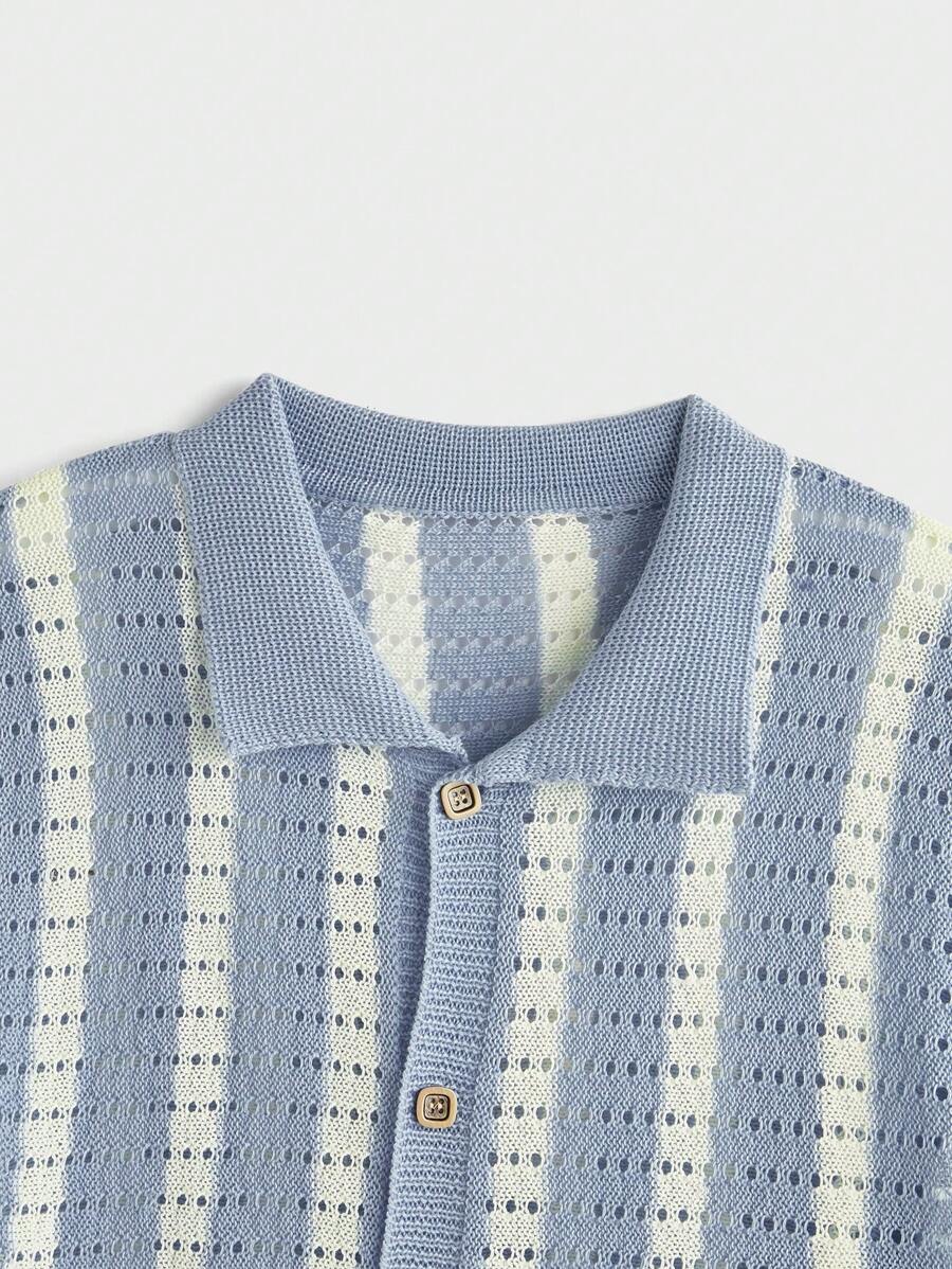 Polo décontracté rayé à manches courtes avec col ajouré pour hommes