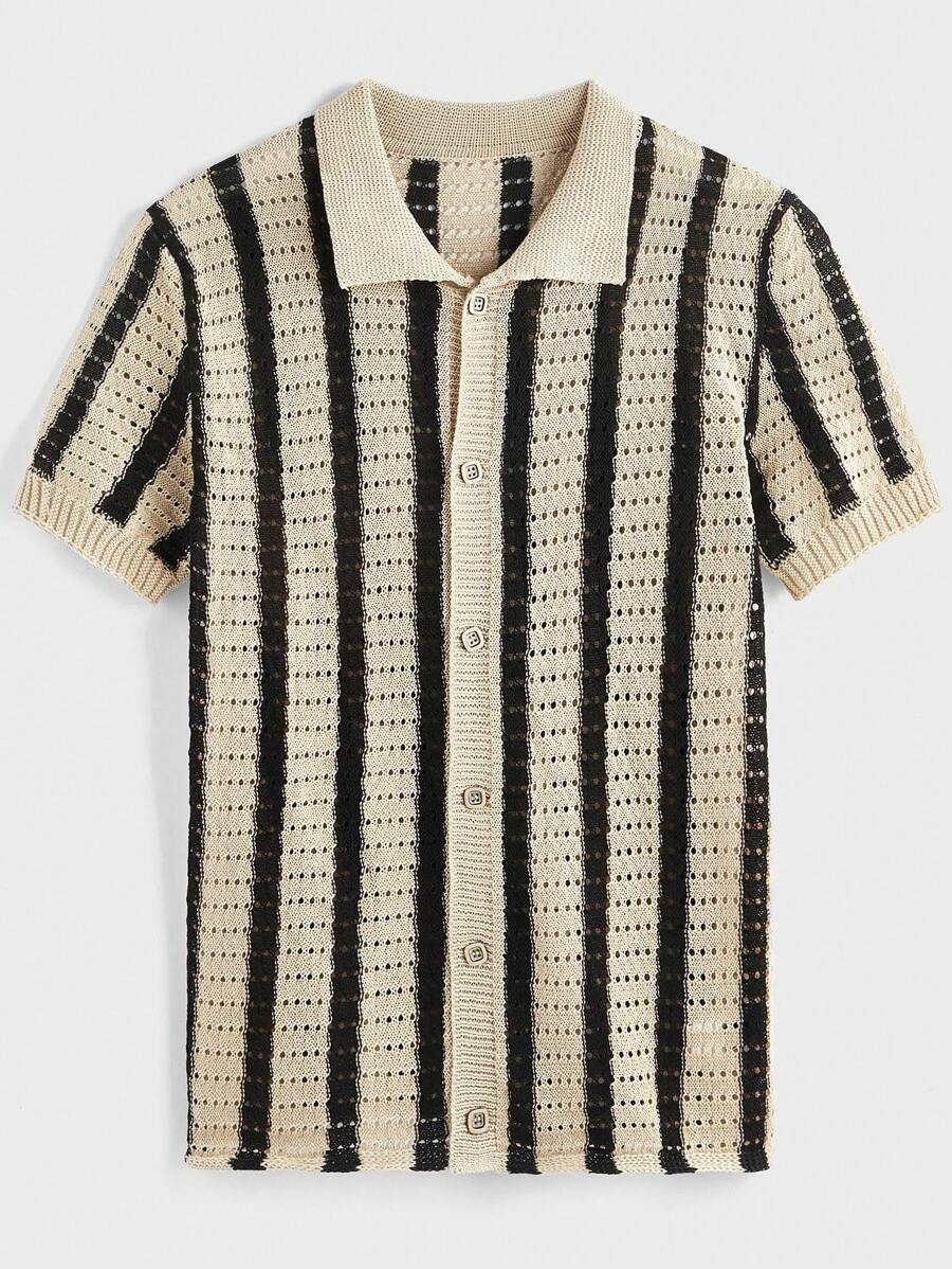Polo décontracté rayé à manches courtes avec col ajouré pour hommes