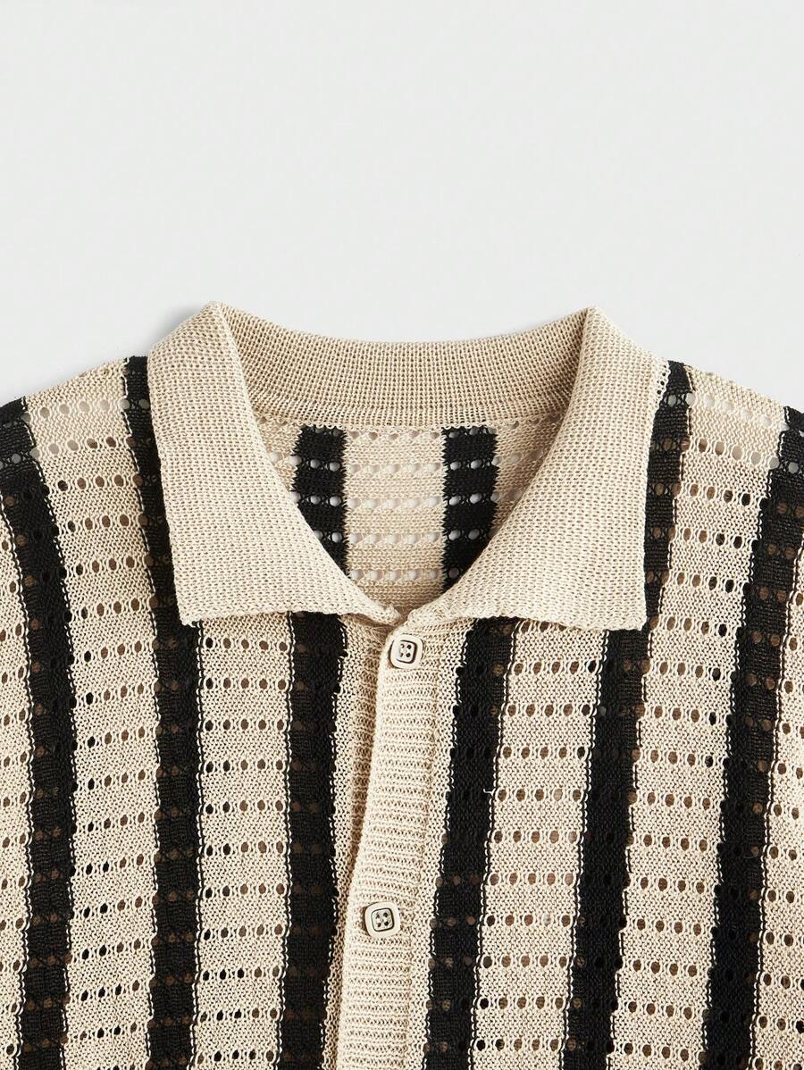 Polo décontracté rayé à manches courtes avec col ajouré pour hommes