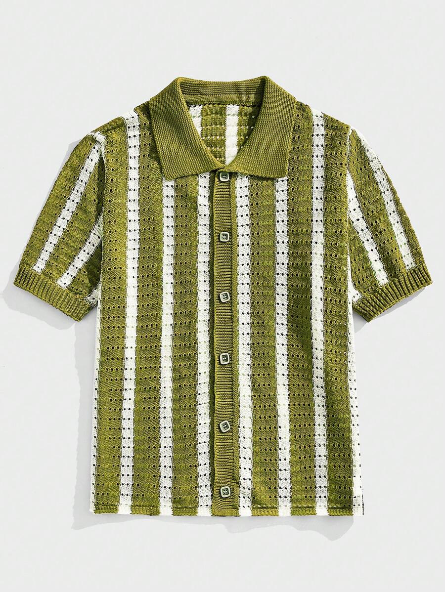 Polo décontracté rayé à manches courtes avec col ajouré pour hommes