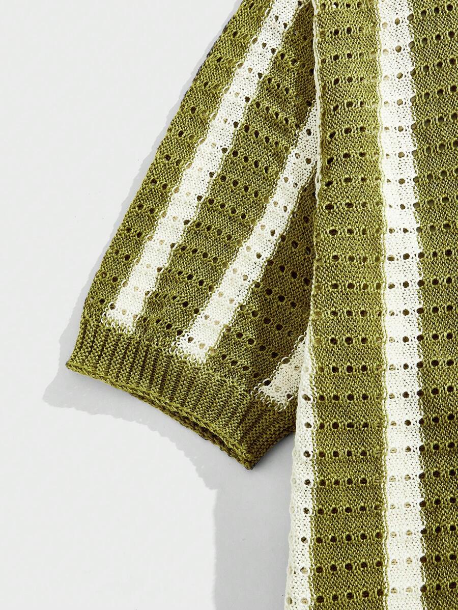 Polo décontracté rayé à manches courtes avec col ajouré pour hommes