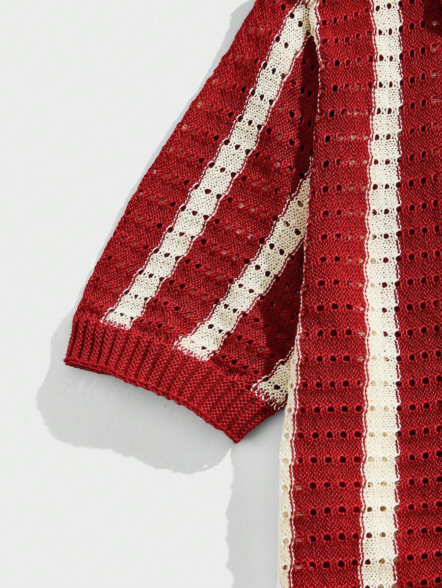 Polo décontracté rayé à manches courtes avec col ajouré pour hommes